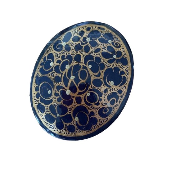 Vintage Oval Lacquer Trinket/Jewelry Box Blue Gold 2.5” - Picture 1 of 6
